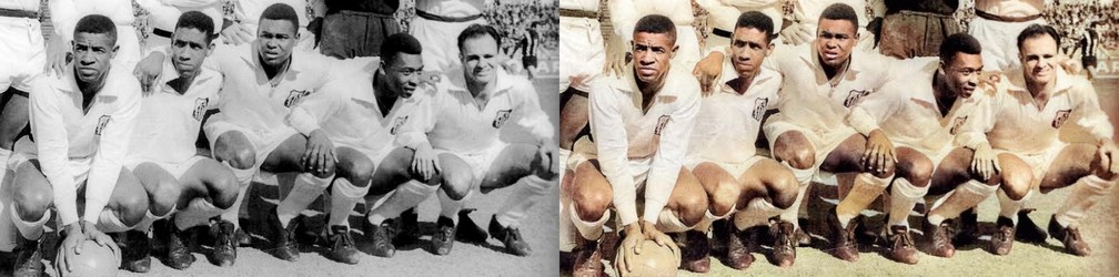 E aqui toda a linha ofensiva reunida: Dorval, Mengálvio, Coutinho, Pelé e Pepe, antes da final da Libertadores de 62 contra o Peñarol — Foto: Reprodução