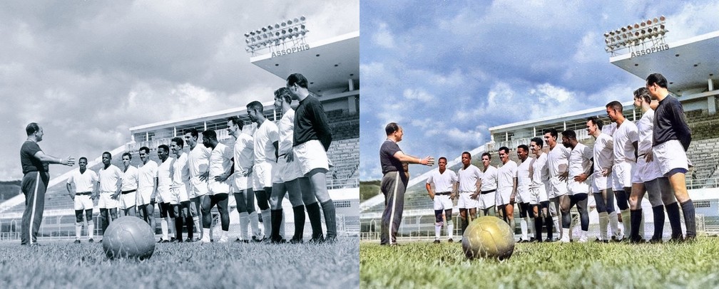 Aqui uma foto do time reunido para um treino na Vila Belmiro, sob o comando do técnico Lula. Coutinho é o quinto, da esquerda para a direita — Foto: Reprodução