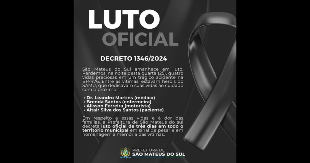 Prefeitura de São Mateus do Sul decreta Luto Oficial de três dias pelas vítimas do acidente na BR-476