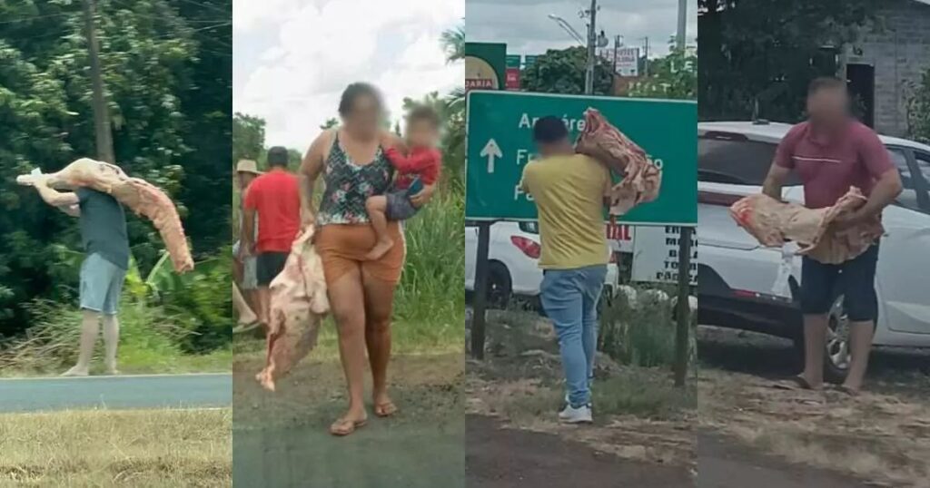 Pessoas furtam 5 toneladas de carne após tombamento de caminhão no Paraná