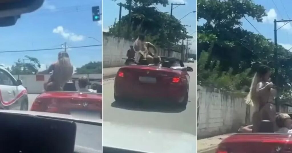 Mulher exibe os seios em carro conversível para viatura da PM; veja vídeo