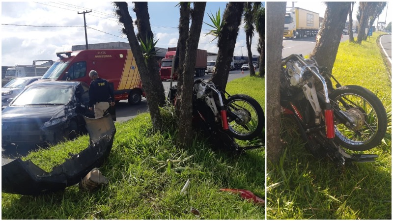 Moto fica presa de ponta cabeça no meio de árvore após acidente em PG