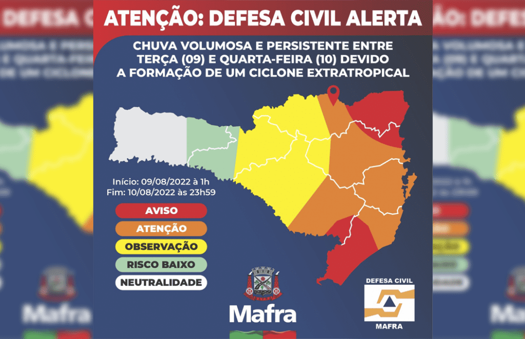 Alerta da Defesa Civil aponta chuva volumosa e persistente na divisa entre PR e Santa Catarina