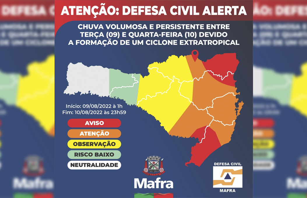 Alerta da Defesa Civil aponta chuva volumosa e persistente na divisa entre PR e Santa Catarina