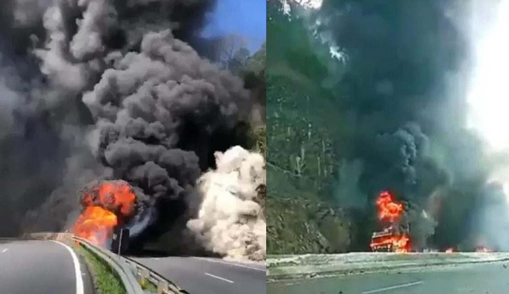 Grave acidente entre três caminhões deixa veículos em chamas e interdita BR-376