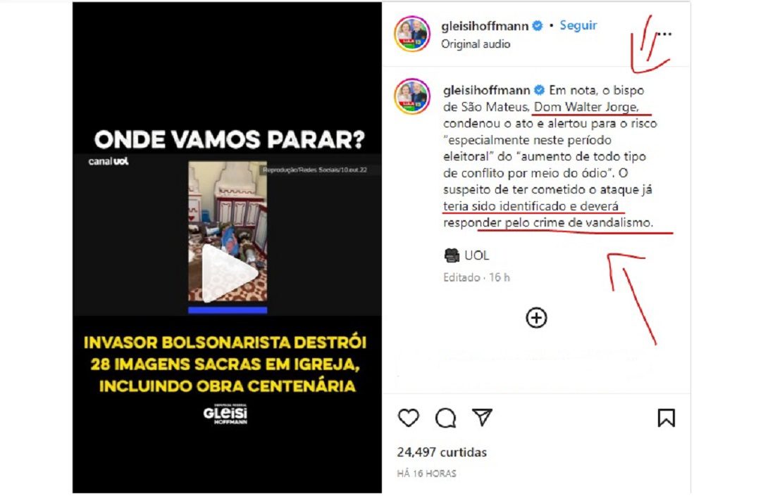 Presidente do PT atribui vandalismo na Igreja a bolsonarista, mas questionada assessoria apaga publicação