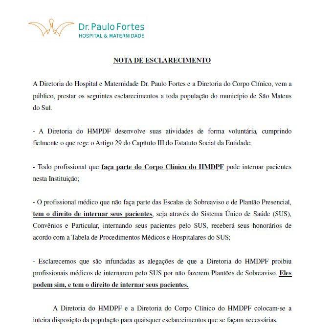 Hospital Paulo Forte emitiu nota sobre internamento de pacientes possível de ser feito por médicos