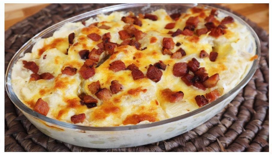 Receita Mandioca ao forno gratinada com bacon