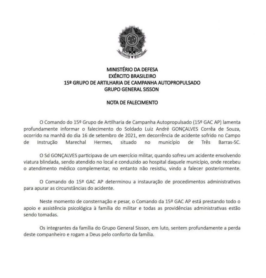 Exército confirma morte de soldado da Lapa num treinamento em Três Barras