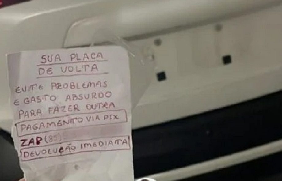 Dentista tem placa do carro roubada e ladrão deixa recado pedindo PIX: ‘Evite problemas e gasto absurdo’