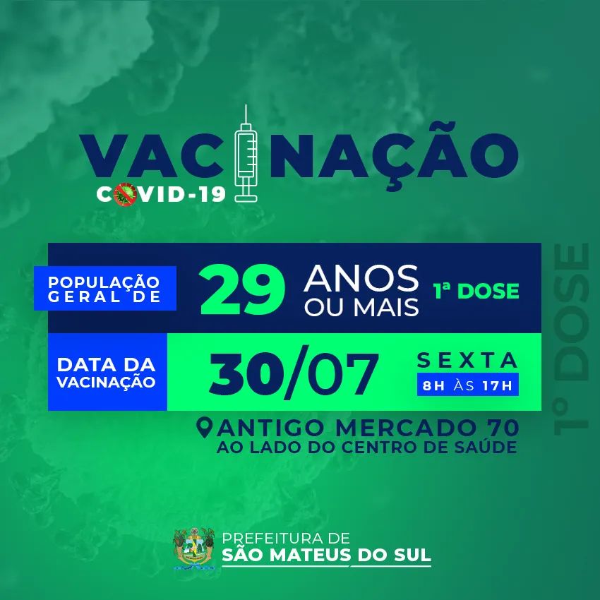 Covid-19: Vacinação avança para pessoas de 29 anos em São Mateus do Sul