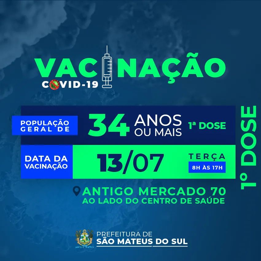 Calendário de vacinação avança para pessoas de 34 anos em São Mateus do Sul