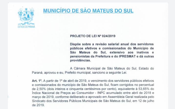 Projeto de Lei retorna à Câmara  e reposição dos servidores de  São Mateus do Sul ruma a 2,5%