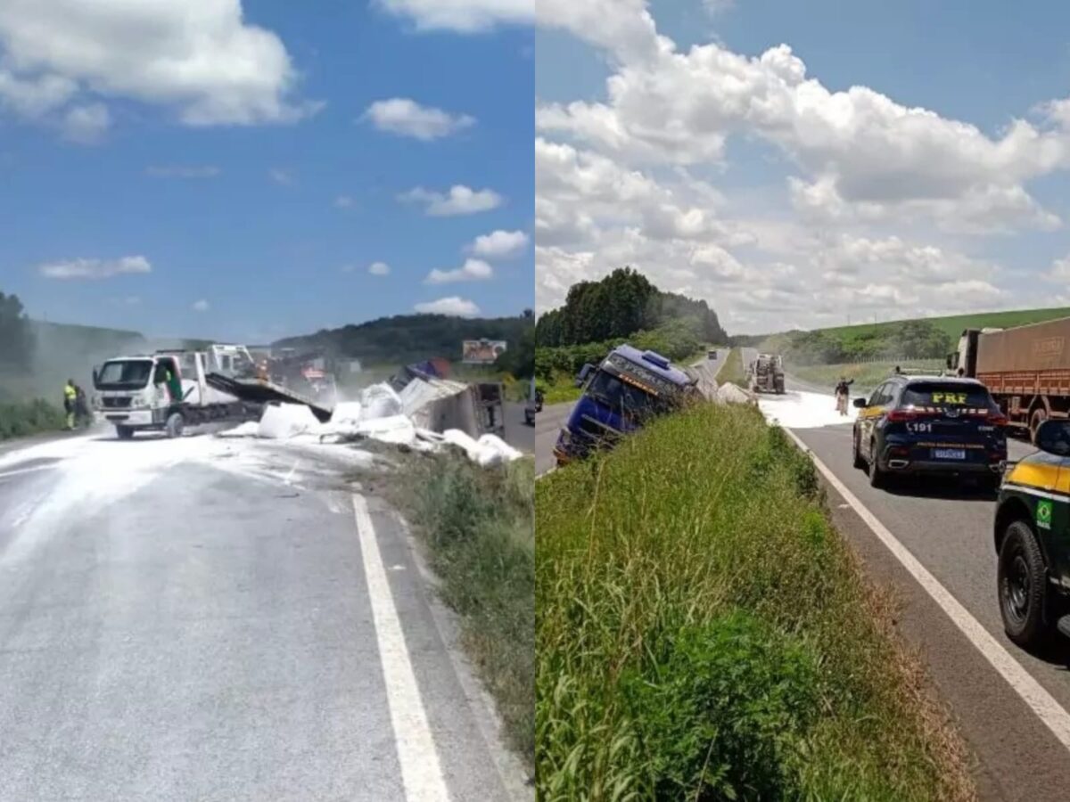 Caminhão carregado de calcário cai em canteiro central e interdita BR-376