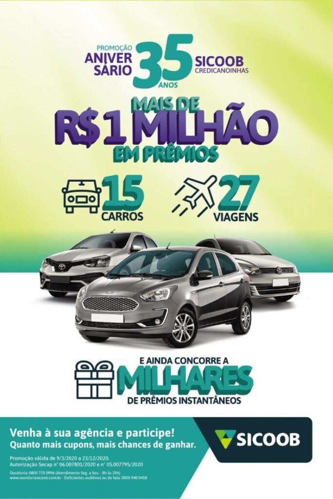 É HOJE!!! Sorteio de cinco carros 0 km, pelo Sicoob Credicanoinhas