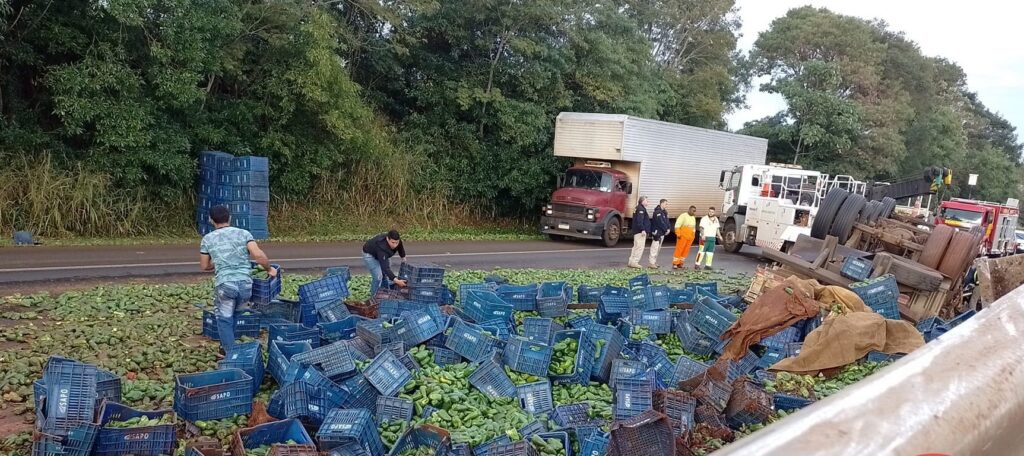 Motorista morre após caminhão carregado com pimentão tombar na BR-277