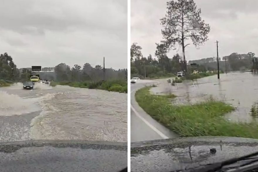 Rio transborda sobre PR-151 em Ponta Grossa