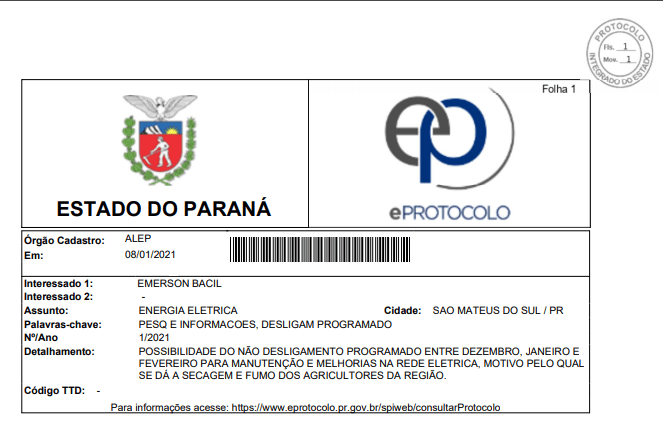 Bacil solicita a COPEL para que não efetue desligamentos na energia elétrica nos meses de secagem de fumo