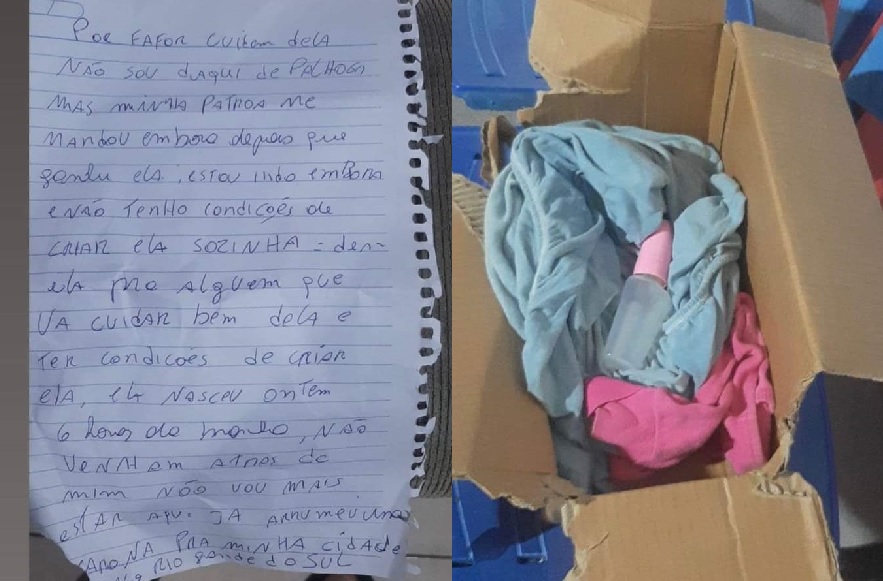 Bebê com um dia de vida é abandonada em caixa de papelão em SC; mãe deixou uma carta