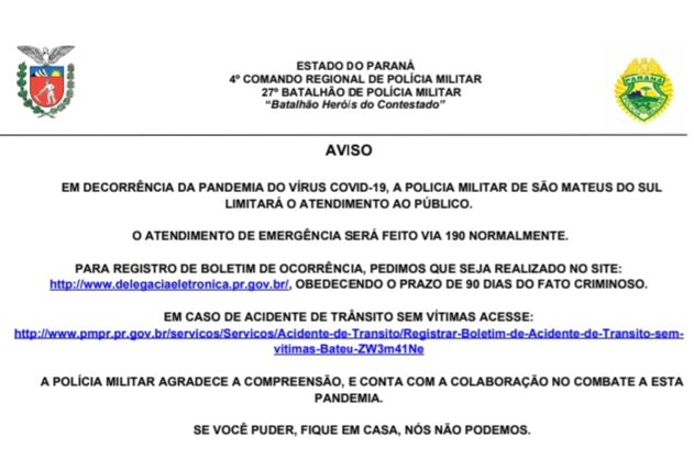 Polícia Militar de São Mateus do Sul divulga nota sobre atendimentos em relação ao vírus COVID-19