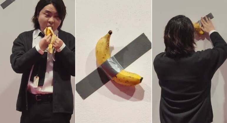 Estudante come obra de arte feita com banana colada na parede avaliada em R$ 600 mil