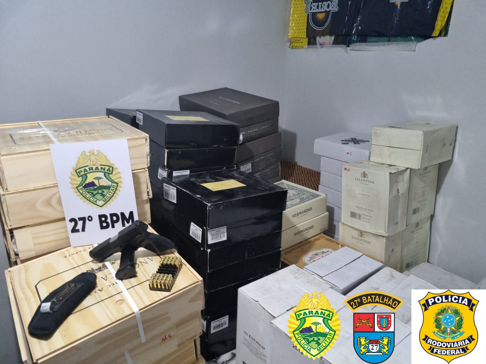 Ocorrência da PRF com 27º BPM apreende mais de mil garrafas de vinho argentino na BR-153