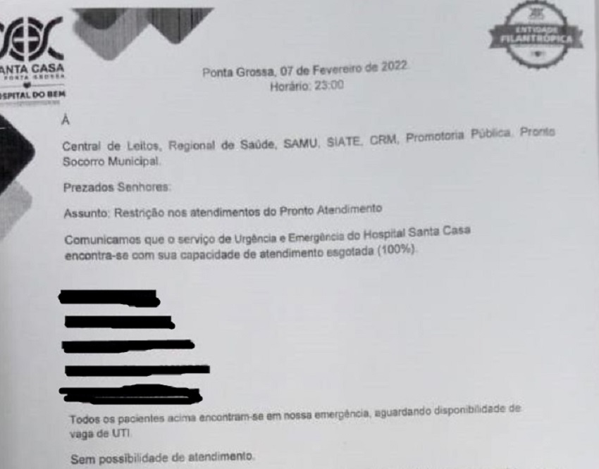 Santa Casa de Ponta Grossa fecha Pronto Atendimento por lotação em suas UTIs