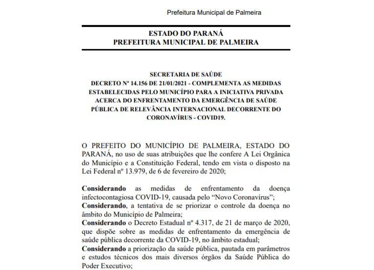 Palmeira publica decreto com novas medidas para o enfrentamento da Covid-19