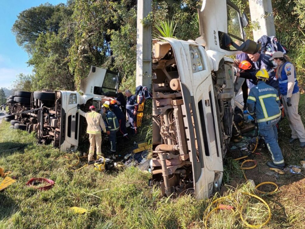 Caminhão de bebidas tomba na PR-151 em São João do Triunfo; condutor ficou preso nas ferragens