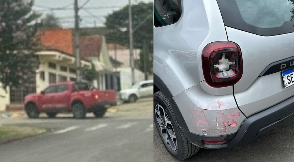 Mulher busca ajuda após caminhonete bater em veículo estacionado e motorista fugir em São Mateus do Sul