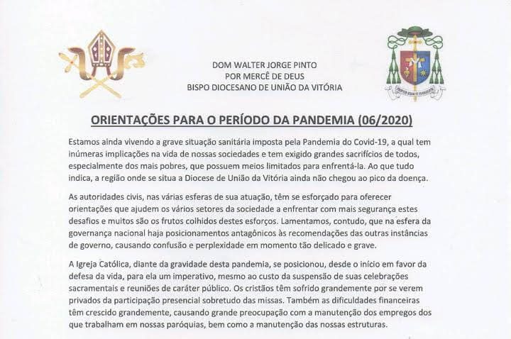 Igreja Católica mantém suspensas celebrações e reuniões públicas em toda Diocese de União da Vitória