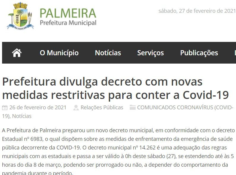 Palmeira decreta novas medidas restritivas para conter a Covid-19