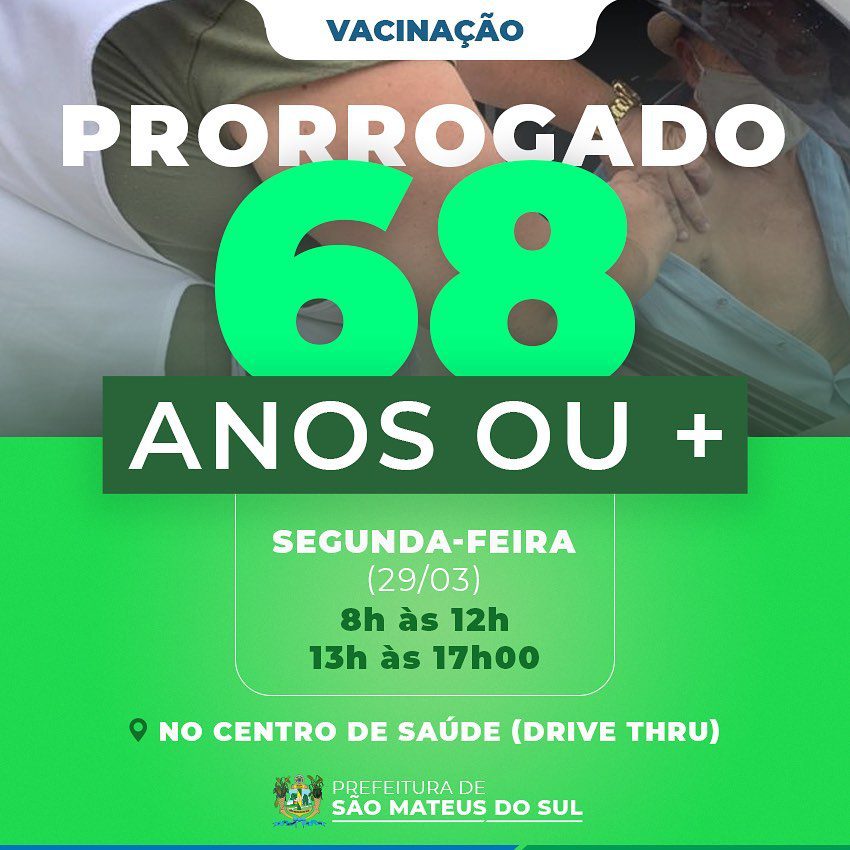 Prefeitura prorroga vacinação para idosos com 68 anos ou mais, nesta segunda-feira