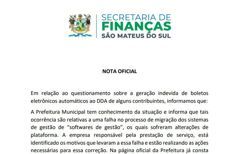 Prefeitura atribuí à migração dos sistemas de gestão a geração indevida de boletos eletrônicos em São Mateus do Sul