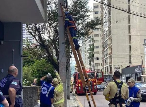Trabalhador fica pendurado após desmaiar durante manutenção de poste no centro de Curitiba