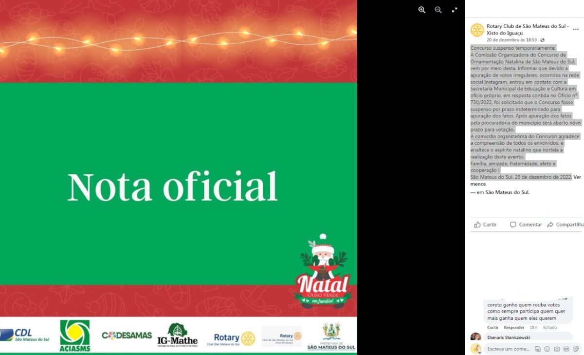 Rotary Club informa suspensão do concurso de Ornamentação Natalina após post mudando critérios