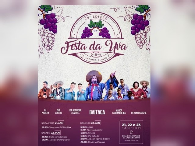 Tradicional Festa da Uva de Antônio Olinto chega a sua 26º edição