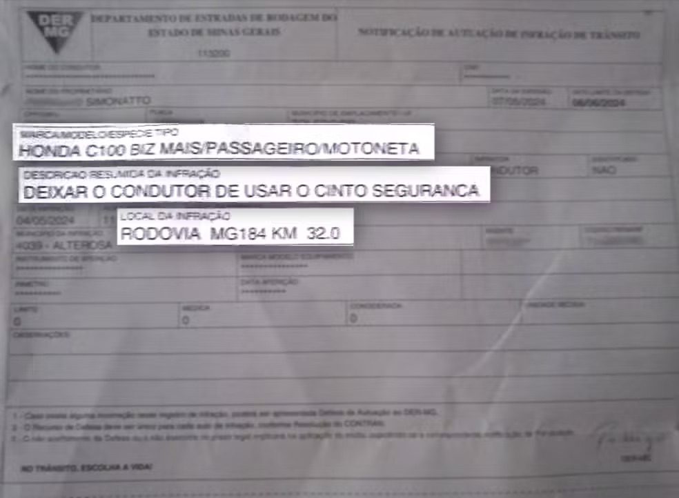 Motociclista do Paraná leva multa por não usar cinto de segurança em cidade mineira que nunca visitou