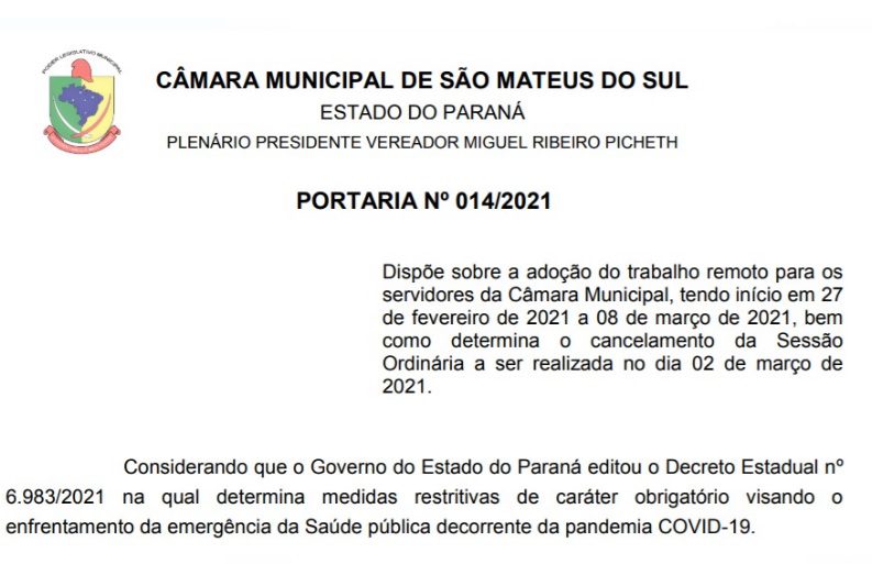 Câmara de São Mateus do Sul teve reunião suspensa e segue em trabalho remoto