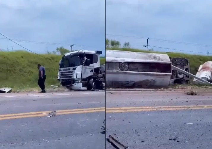 Caminhão carregado com etanol tomba e bloqueia rodovia que liga Araucária a Campo Largo