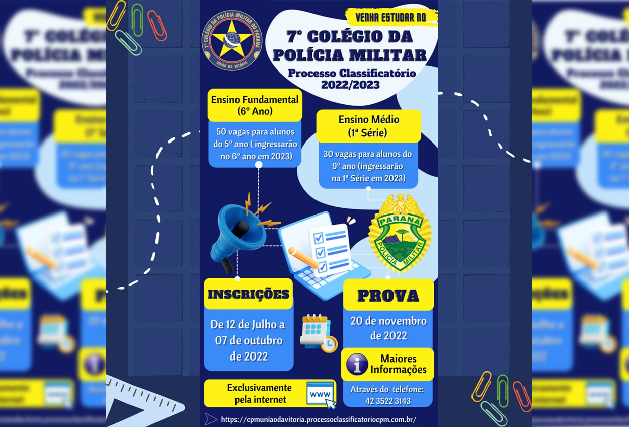 Colégio da PM abre inscrições para 6º ano e 1ª série do ensino médio em União da Vitória