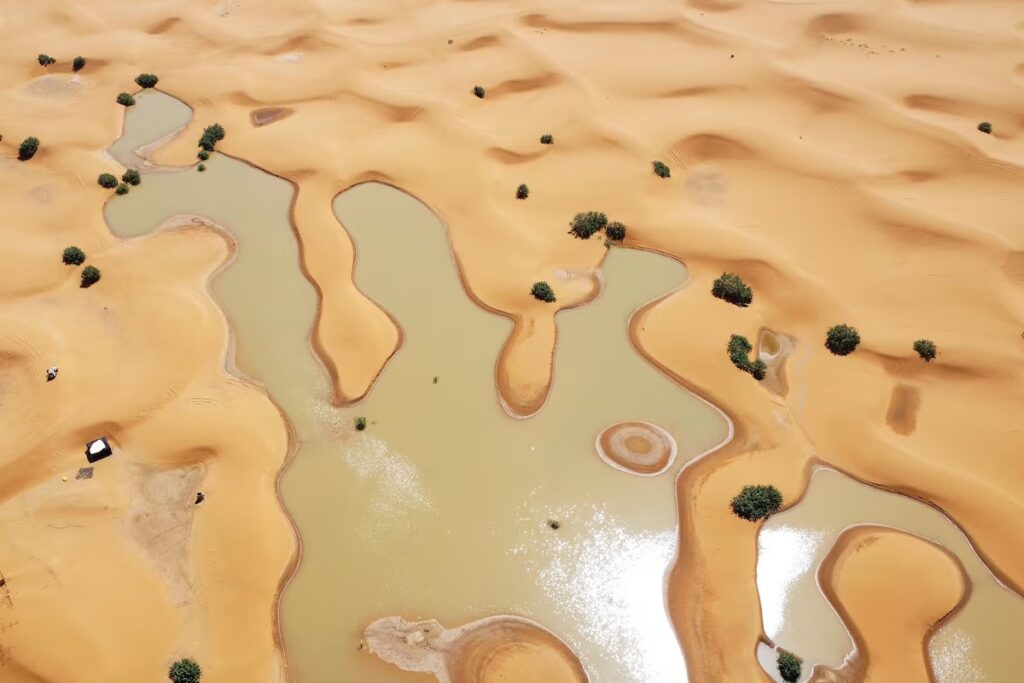 Inundação no deserto do Saara; chuva rara forma lagoas entre dunas, entenda o que aconteceu