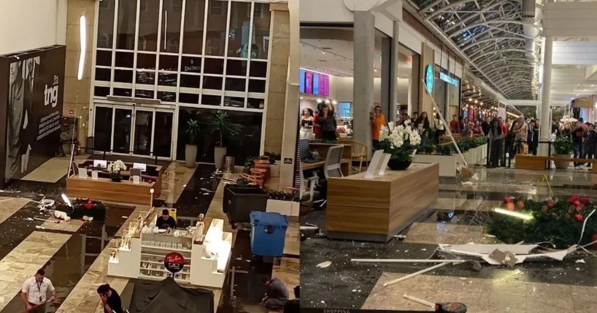 Chuva forte provoca queda de gesso e decoração de Natal em shopping de Curitiba