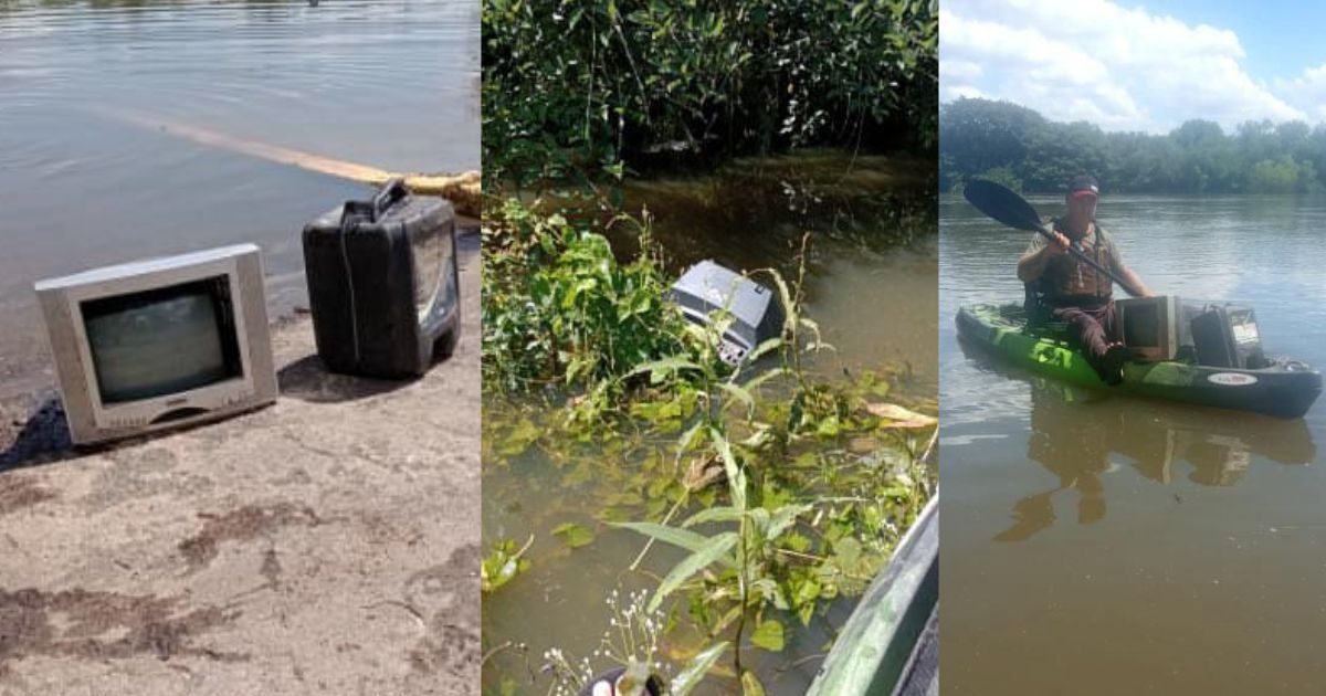 Voluntário retira televisão e tambor de óleo do rio Iguaçu em São Mateus do Sul; veja vídeo