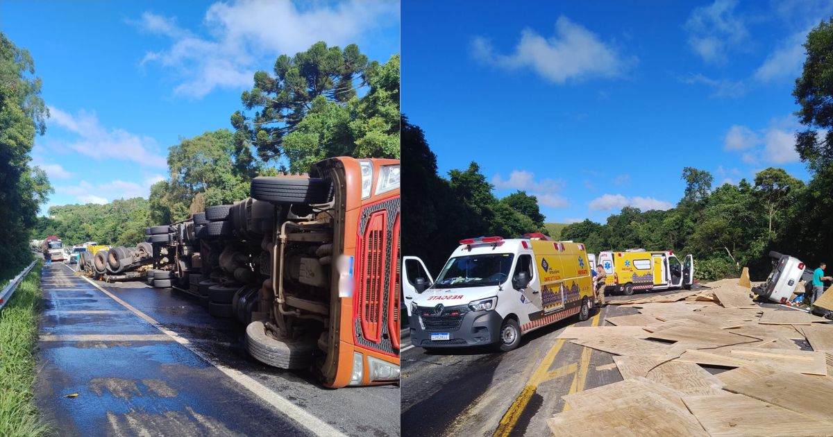 VÍDEO: caminhão tomba e bloqueia BR-476; motoristas enfrentam longas filas e devem buscar alternativas