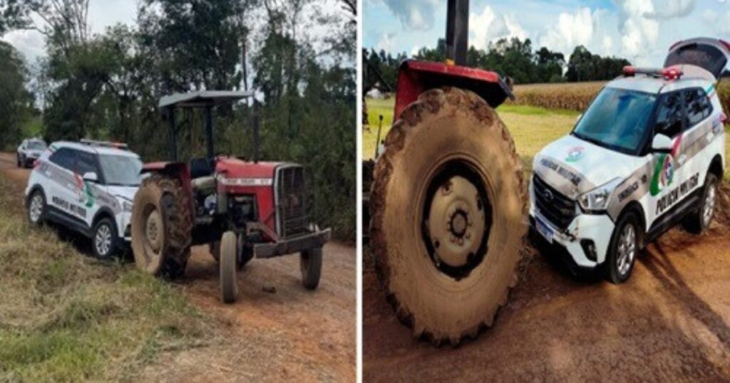 Homem em surto persegue socorristas com trator e ataca viatura policial em Canoinhas