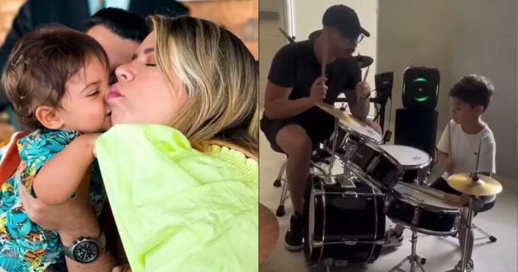 Léo, filho de Marília Mendonça, toca música da mãe em aula de bateria; assista ao vídeo