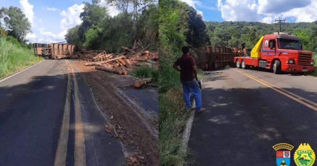 Caminhão carregado com madeira tomba em rodovia no Paraná