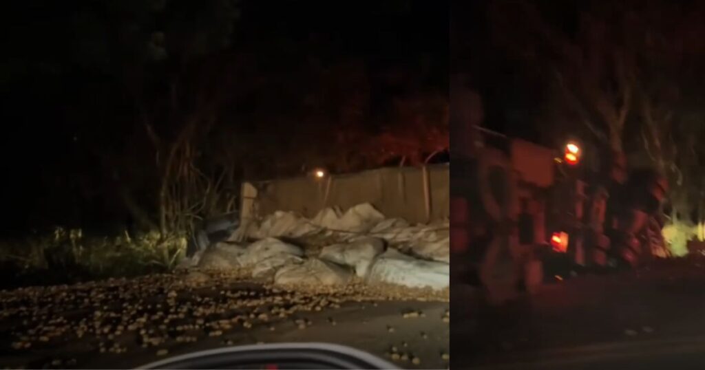 VÍDEO: Carreta carregada de batatas tomba e interdita BR-476 em Paulo Frontin