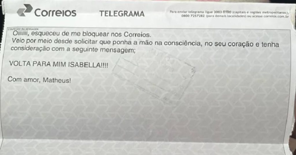 Jovem recebe carta de ex-namorado: “Esqueceu de me bloquear nos correios”